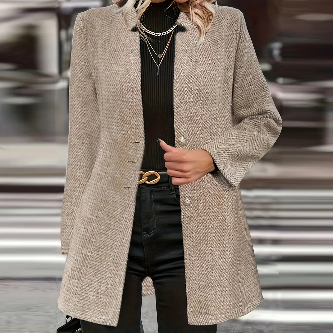 Damen - Langer Fischgrät Mantel - Maßgeschneiderter Stil - Elegante Damenmode für jeden Anlass