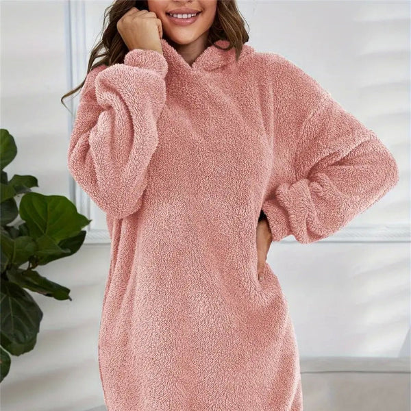 Damen - Übergroß Kleid mit Kapuze - Weichem Fleece - Bequemer und stylischer Begleiter für jeden Tag