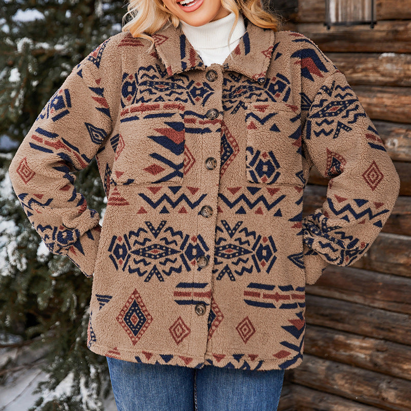 Damen - Übergroße Plüschjacke - Geometrisches Muster - Kuscheliger Stil für kalte Tage