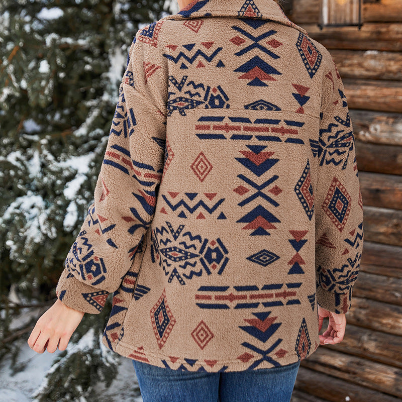 Damen - Übergroße Plüschjacke - Geometrisches Muster - Kuscheliger Stil für kalte Tage