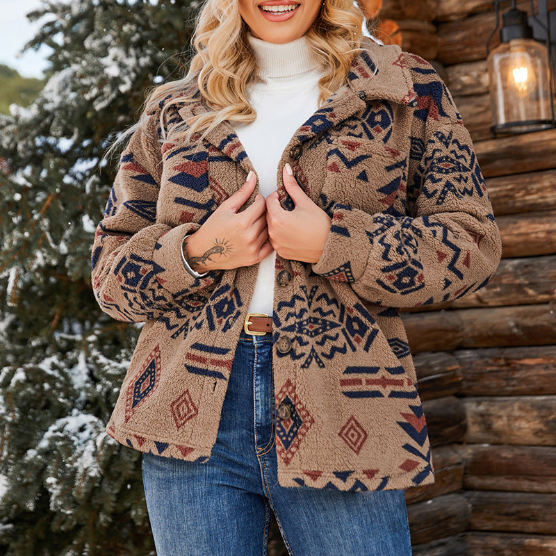 Damen - Übergroße Plüschjacke - Geometrisches Muster - Kuscheliger Stil für kalte Tage
