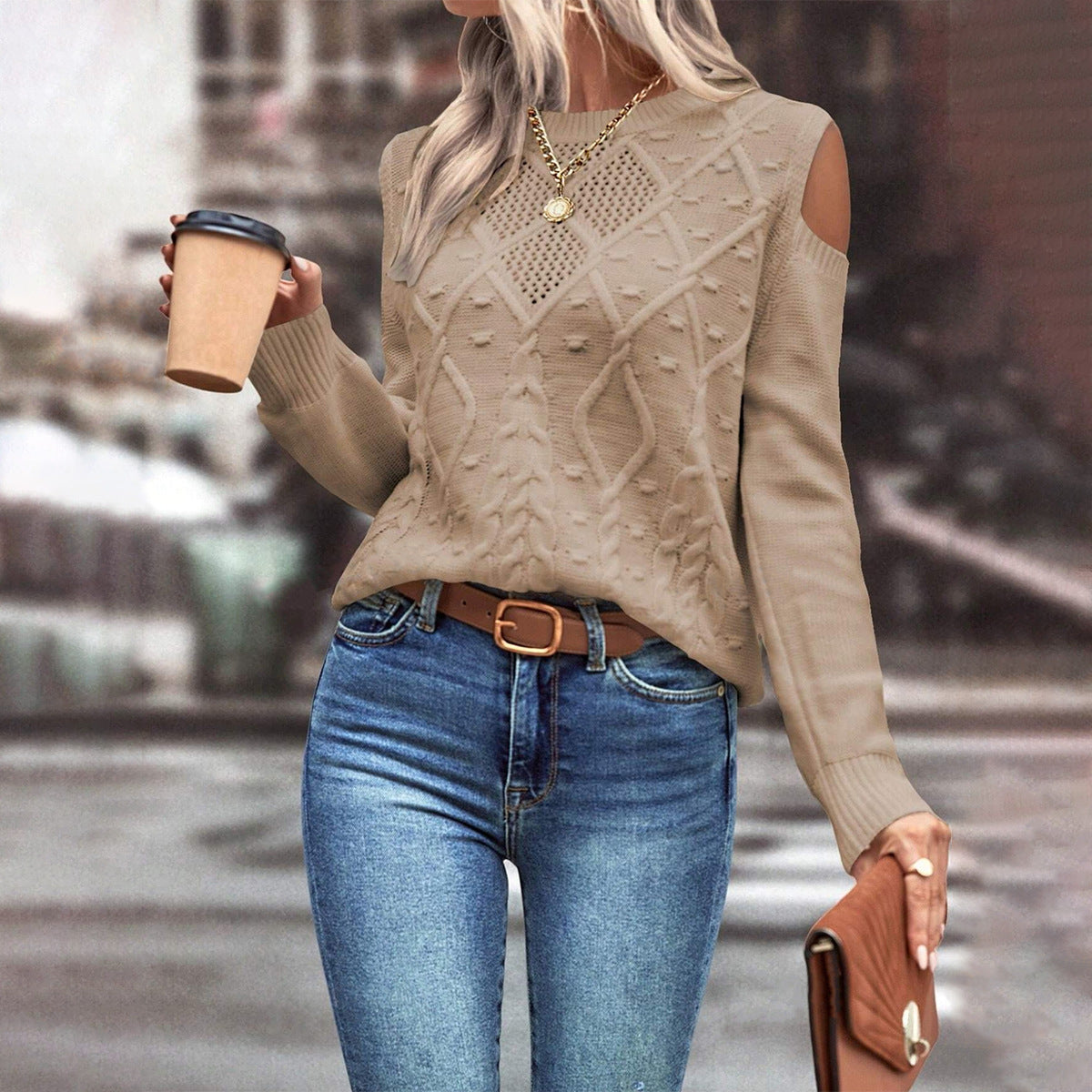 Damen - Strickpullover - Offenen Schultern - Wollmischung - Modischer Look für jede Gelegenheit