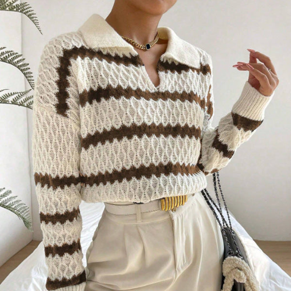 Damen - Grobstrick-Pullover - Gestreiftes Polo - Bequem und Stilvoll für jeden Anlass