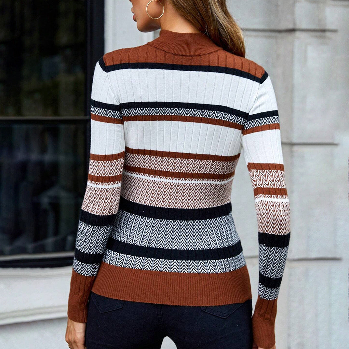 Damen - Schlanke Passform Strickpullover - Streifendesign - Bequemer, modischer Pullover für jeden Anlass