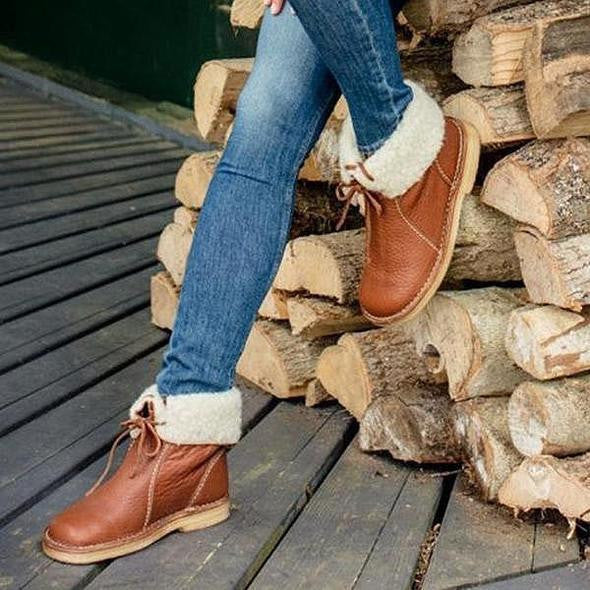 Damen - Faltbare Manschette Stiefelette - Leder - Mit Shearling gefüttert - Bequeme Winterstiefel