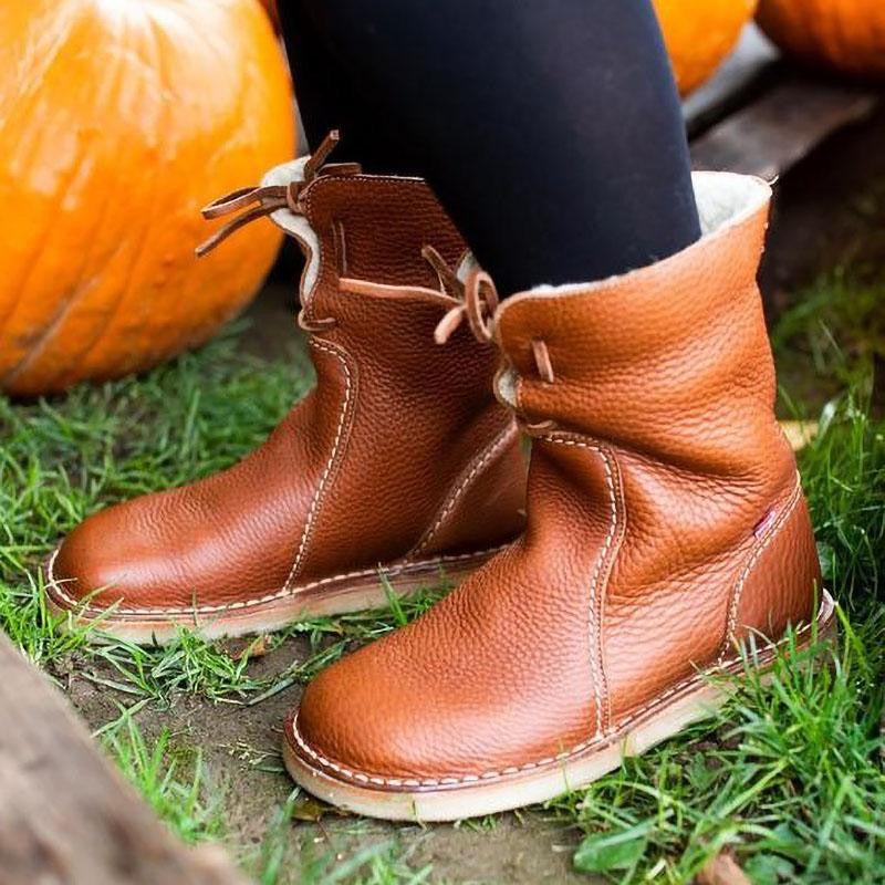 Damen - Faltbare Manschette Stiefelette - Leder - Mit Shearling gefüttert - Bequeme Winterstiefel