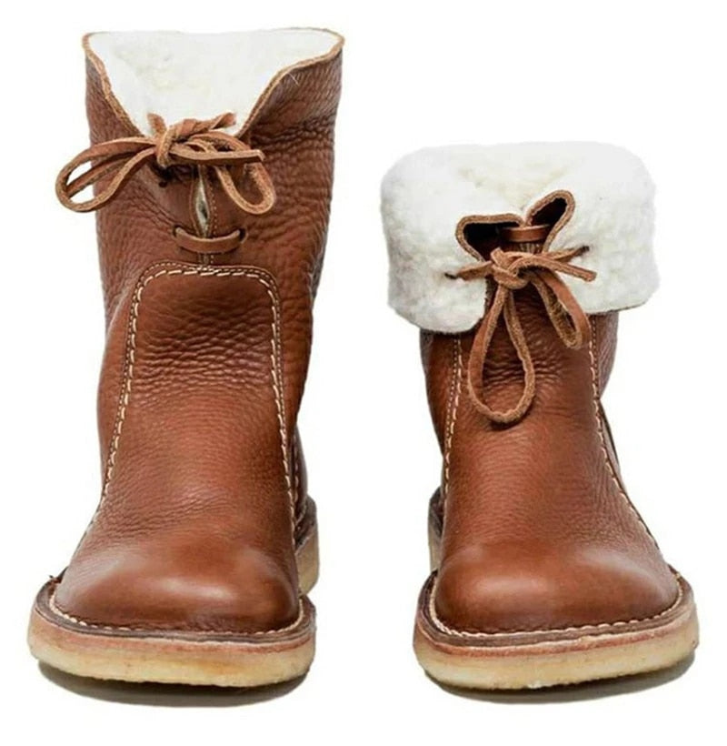 Damen - Faltbare Manschette Stiefelette - Leder - Mit Shearling gefüttert - Bequeme Winterstiefel