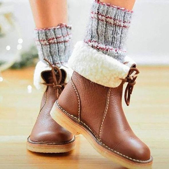 Damen - Faltbare Manschette Stiefelette - Leder - Mit Shearling gefüttert - Bequeme Winterstiefel