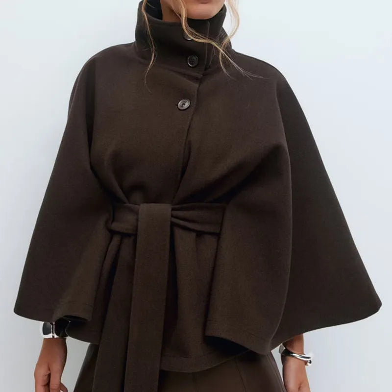 Damen - Kurzer Cape Mantel - Hochwertigem Material - Trichterausschnitt und Taillengürtel - Eleganter Stil