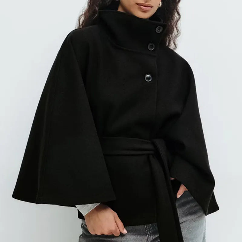 Damen - Kurzer Cape Mantel - Hochwertigem Material - Trichterausschnitt und Taillengürtel - Eleganter Stil
