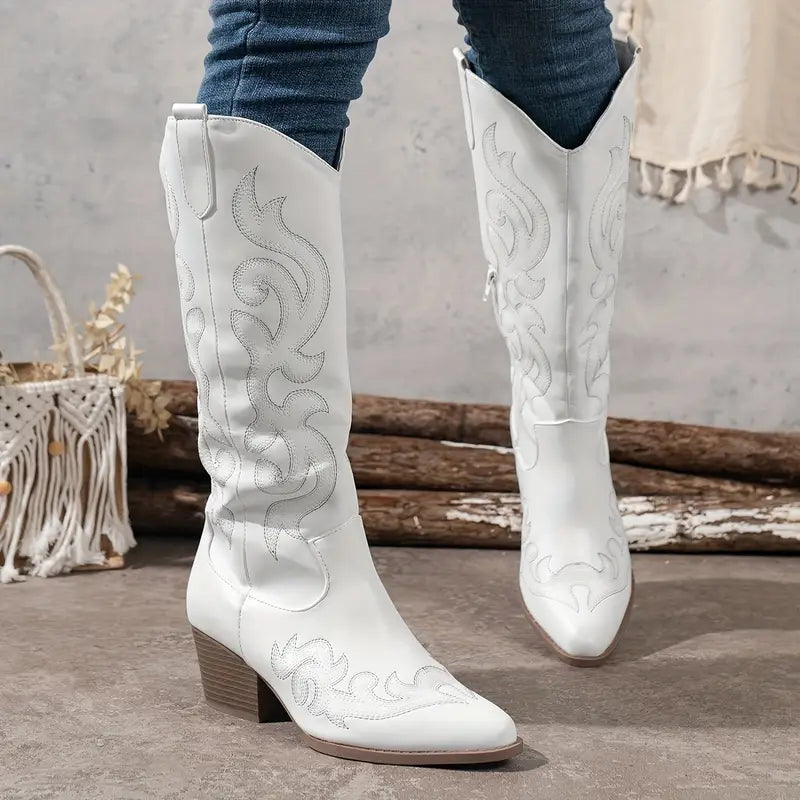 Damen - Kniehohe Westernstiefel - Leder - Stilvolle Stickerei - Trendige Westernmode für jeden Anlass