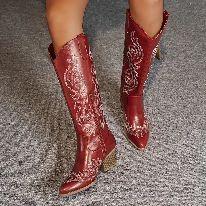 Damen - Kniehohe Westernstiefel - Leder - Stilvolle Stickerei - Trendige Westernmode für jeden Anlass