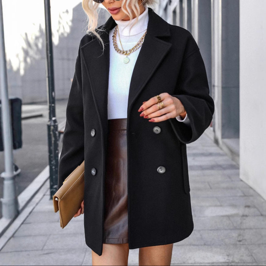 Damen - Eleganter Wollmantel - Legere Passform - Zweireiher für stilvolle Herbst- und Winterlooks