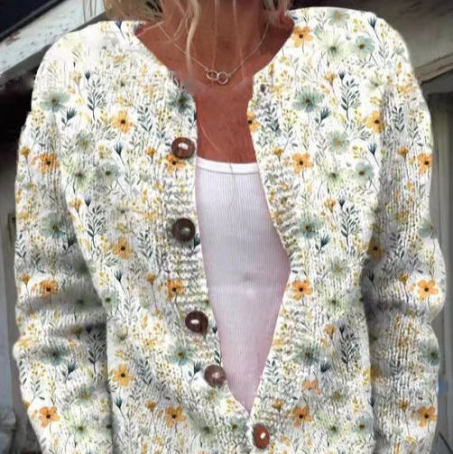 Damen - Strickjacke - Gemütliche Blumenmuster - Rundhalsausschnitt - Stylische Mode für jeden Anlass