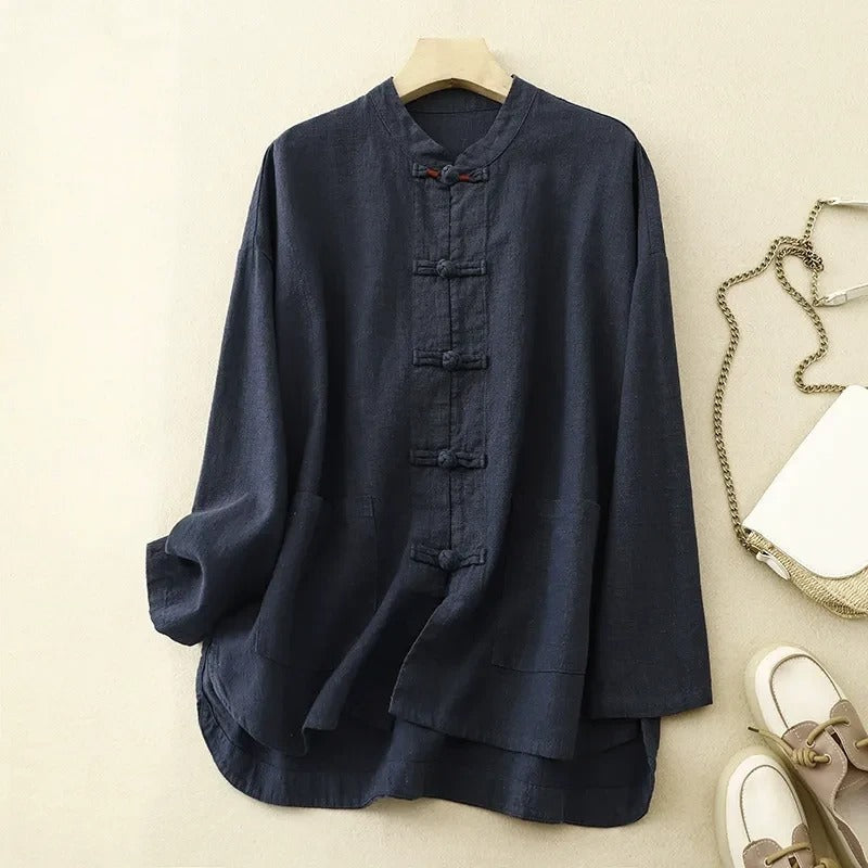 Damen - Vintage-inspiriertes Knopfhemd - Leinen - Klassischer Stil & Bequemlichkeit - Komfortables Mode-Statement