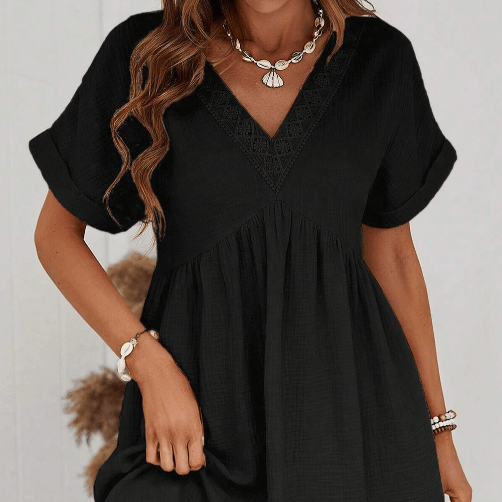 Damen - Elegantes Minikleid - Hochwertige Stoffe - V-Ausschnitt und Spitzenbesatz - Stilvolles Outfit für jeden Anlass
