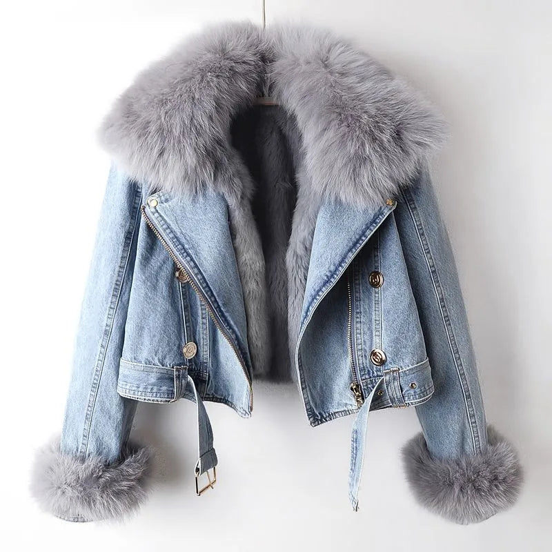 Damen - Denim Jacke - Kunstfellkragen und bündchen - Modischer Winter Style für jeden Anlass