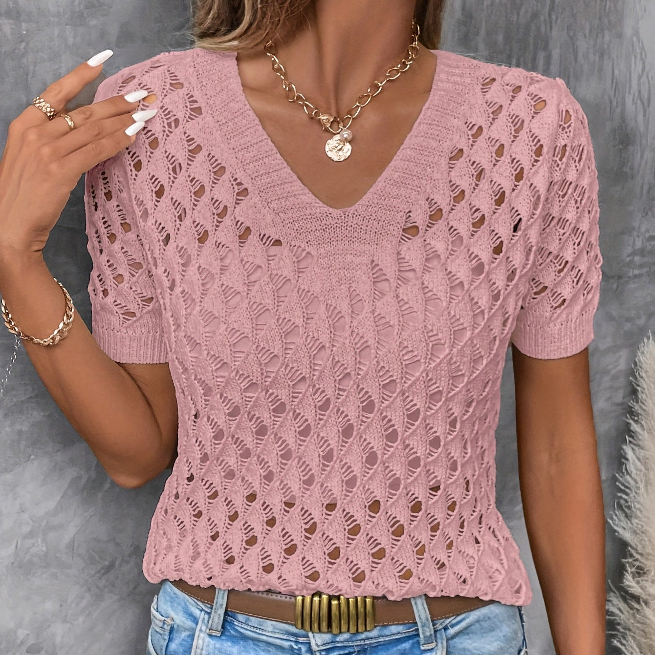 Damen - Eleganter Kurzarm-Pullover - Polyester - V-Ausschnitt und Spitze - Stilvolles Top für jeden Anlass