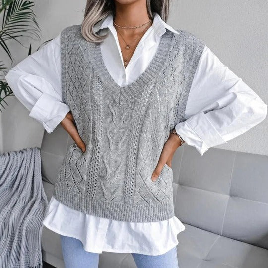 Damen - Lässige Weste mit V-Ausschnitt und Zopfmuster - Wollmischung für stilvolle Looks