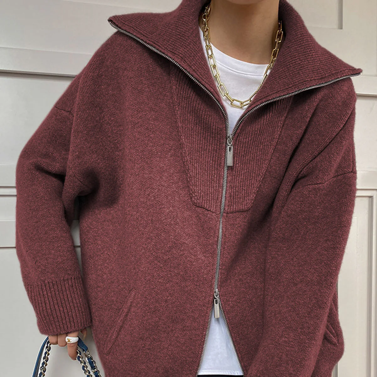 Damen - Strickjacke in Übergröße - Wolle - Reißverschluss - Bequeme, modische Damenjacke für jeden Anlass