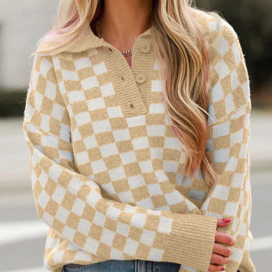 Damen - Pullover - V-Ausschnitt - Wolle Strick - Knopfleiste für stilvolle Eleganz