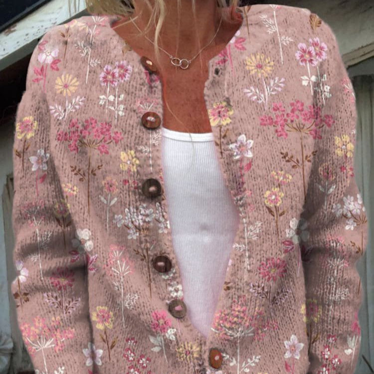 Damen - Strickjacke - Gemütliche Blumenmuster - Rundhalsausschnitt - Stylische Mode für jeden Anlass
