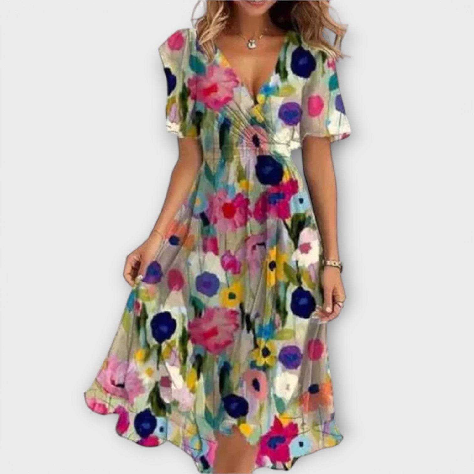 Damen - Midi-Kleid - Hochwertige Stoff - V-Ausschnitt - Lässiges, Bequemes Kleid für Jeden Anlass