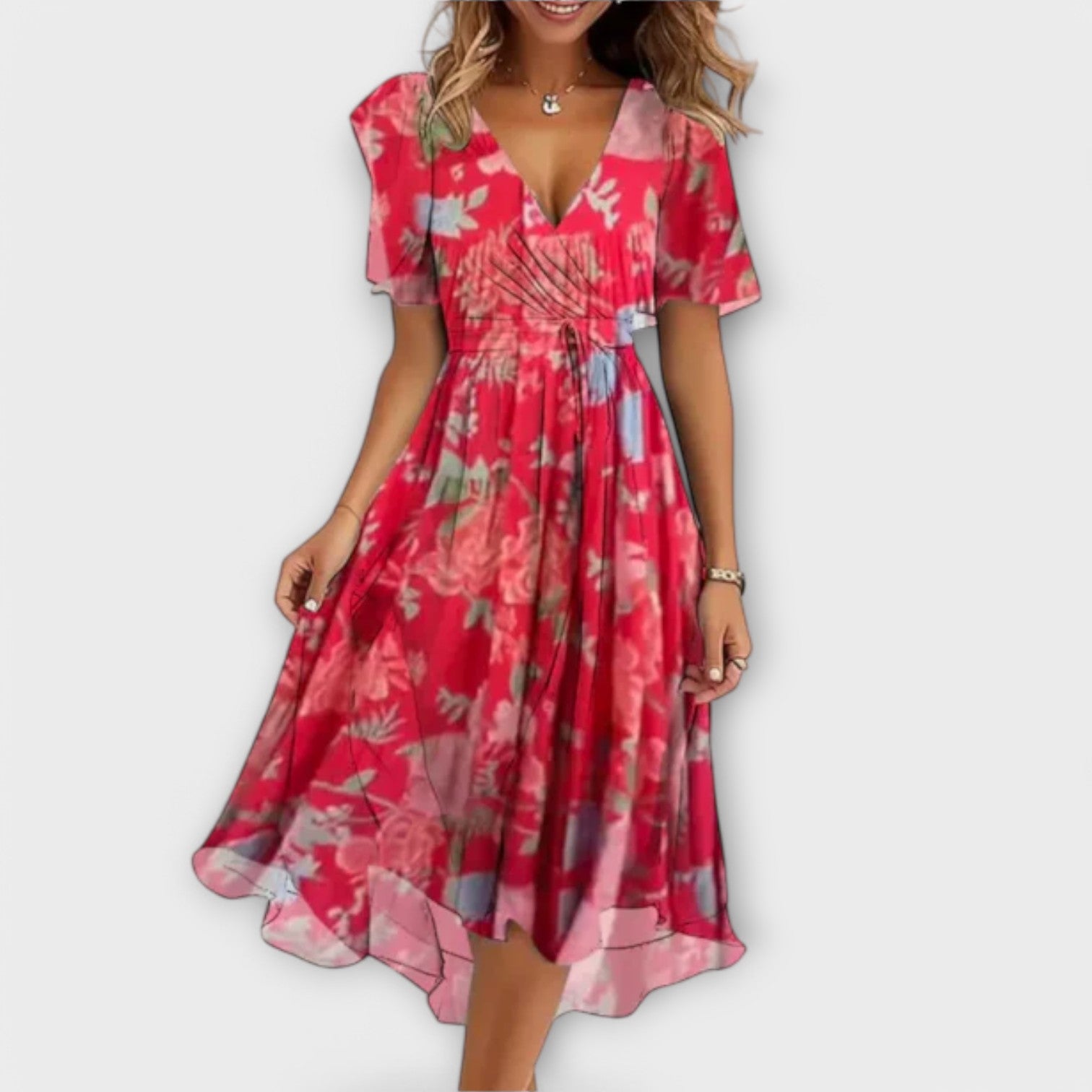 Damen - Midi-Kleid - Hochwertige Stoff - V-Ausschnitt - Lässiges, Bequemes Kleid für Jeden Anlass