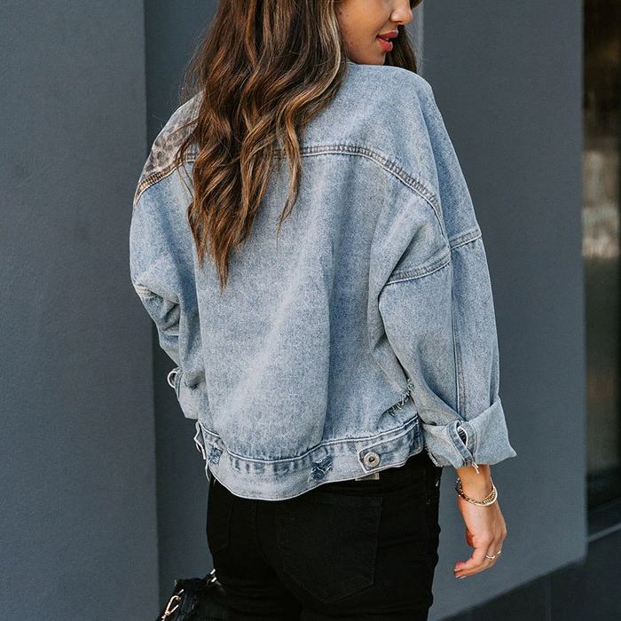 Damen - Patchwork-jacke - Denim-Stoff - Leopardenmuster - Trendige und Stylische Outerwear für jeden Anlass