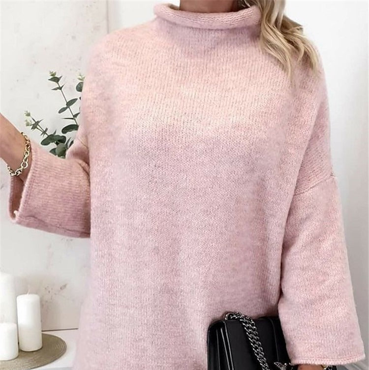 Damen - Weiches Strick-Sweatshirt - Lockerer Passform - Hoher Halsausschnitt & Ausgestellte Ärmel - Modischer Komfort