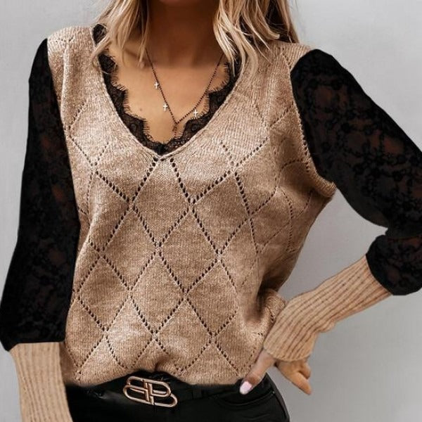 Damen - Sweatshirt - V-Ausschnitt und Spitzenbesatz - Strickmischung für stilvolle Eleganz