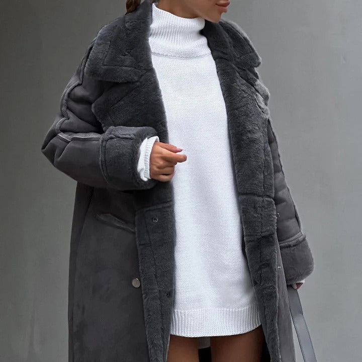 Damen - Übergroßer Mantel - Kunstfell - Knielang, Stilvoller Wintermantel für Eleganz und Komfort