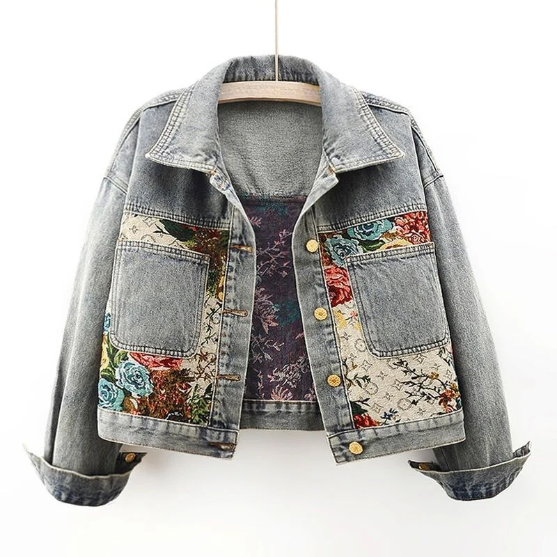 Damen - Denim Jacke mit Blumenmuster - Strapazierfähiger Stoff - Stylisches jacke für jeden Tag