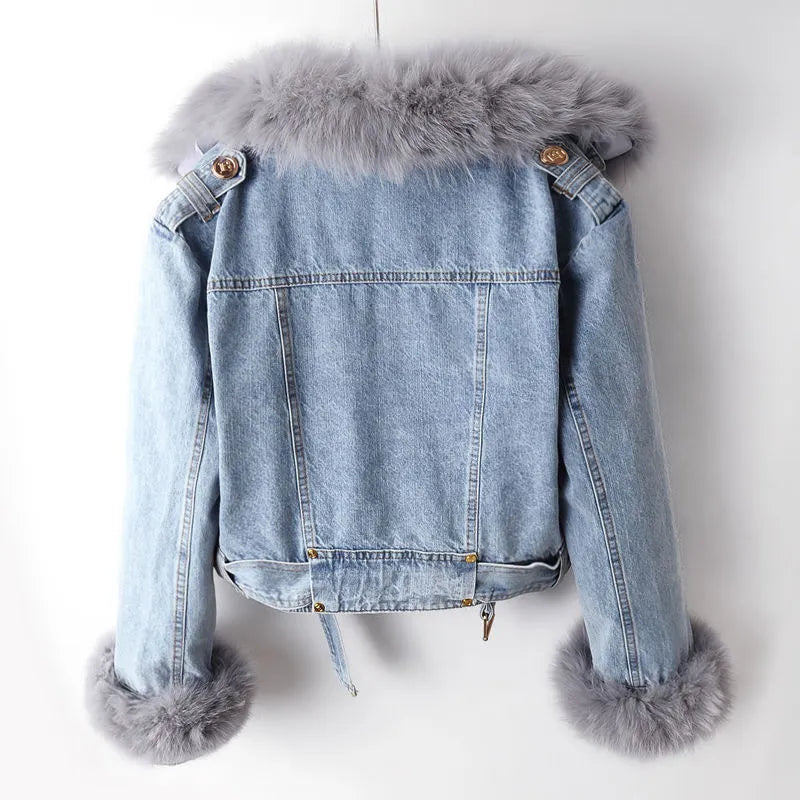 Damen - Denim Jacke - Kunstfellkragen und bündchen - Modischer Winter Style für jeden Anlass