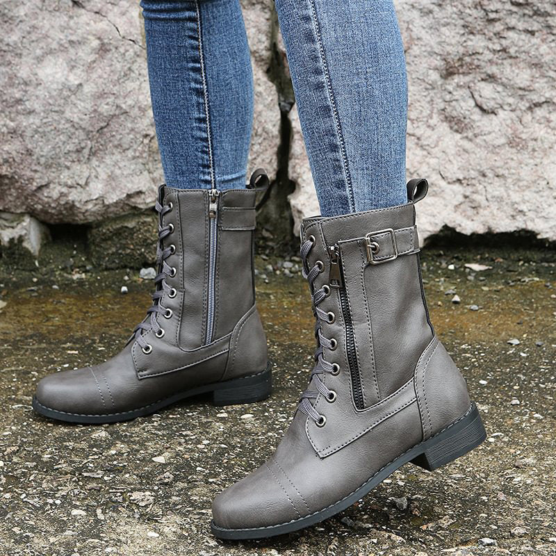 Damen - Mid-Calf Schnürstiefel - Reißverschluss & Schnalle Design - Modische Stiefel für jeden Anlass