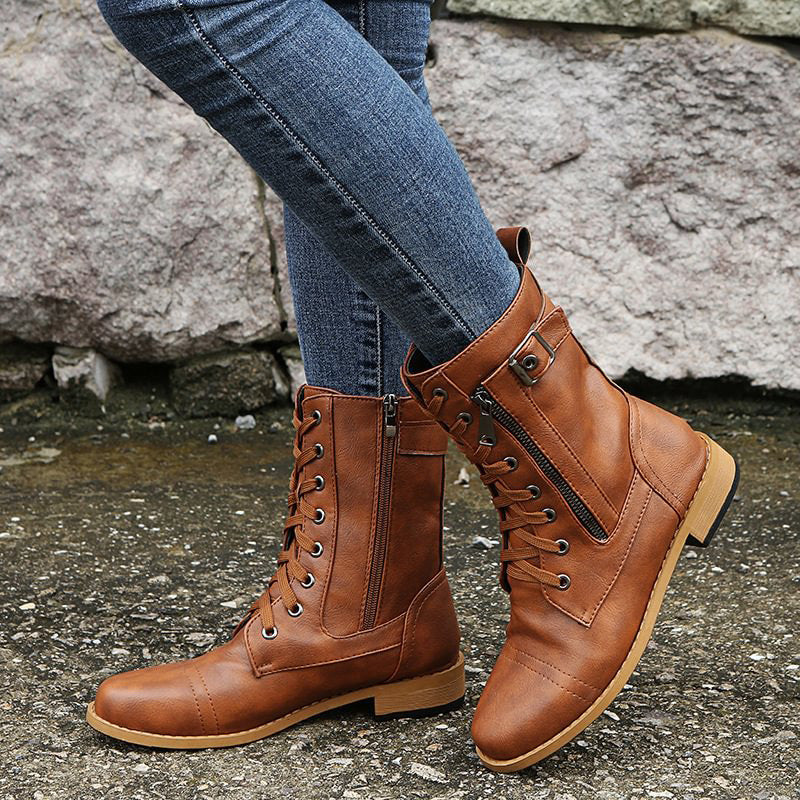 Damen - Mid-Calf Schnürstiefel - Reißverschluss & Schnalle Design - Modische Stiefel für jeden Anlass