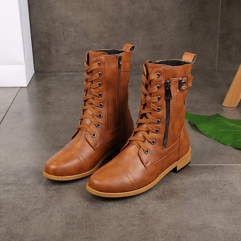 Damen - Mid-Calf Schnürstiefel - Reißverschluss & Schnalle Design - Modische Stiefel für jeden Anlass