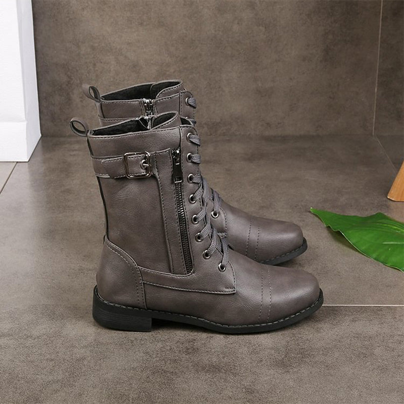 Damen - Mid-Calf Schnürstiefel - Reißverschluss & Schnalle Design - Modische Stiefel für jeden Anlass