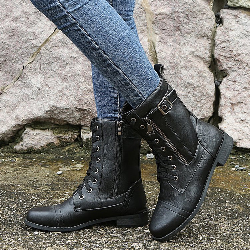Damen - Mid-Calf Schnürstiefel - Reißverschluss & Schnalle Design - Modische Stiefel für jeden Anlass