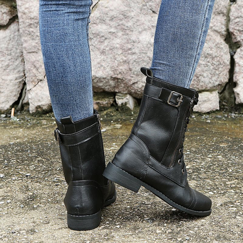 Damen - Mid-Calf Schnürstiefel - Reißverschluss & Schnalle Design - Modische Stiefel für jeden Anlass