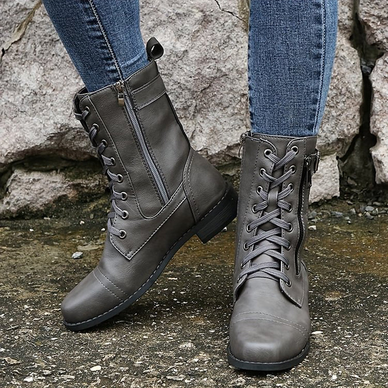 Damen - Mid-Calf Schnürstiefel - Reißverschluss & Schnalle Design - Modische Stiefel für jeden Anlass