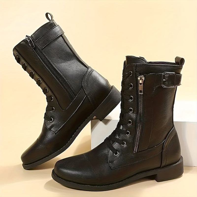 Damen - Mid-Calf Schnürstiefel - Reißverschluss & Schnalle Design - Modische Stiefel für jeden Anlass