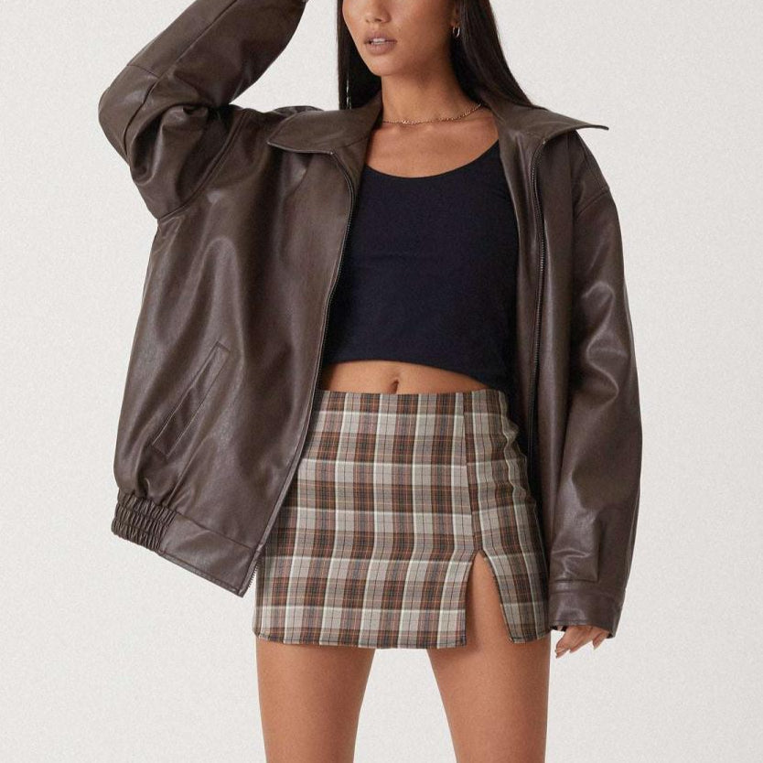 Damen - Entspannte jacke - Leder - Hochkragen mit Reißverschluss - Stilvolle Lederjacke für Alltag und Freizeit