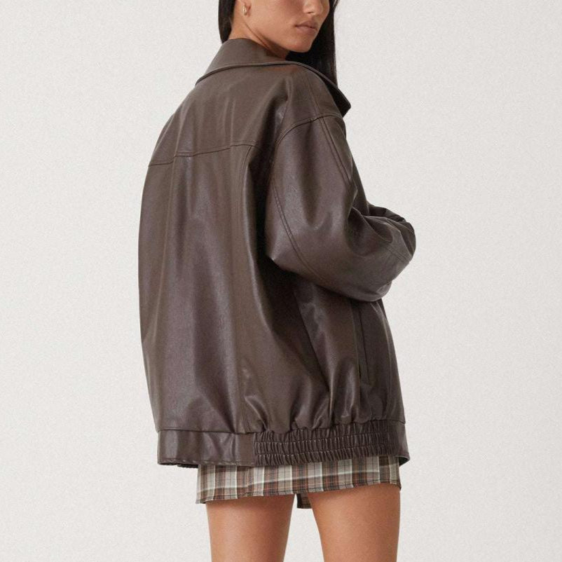 Damen - Entspannte jacke - Leder - Hochkragen mit Reißverschluss - Stilvolle Lederjacke für Alltag und Freizeit