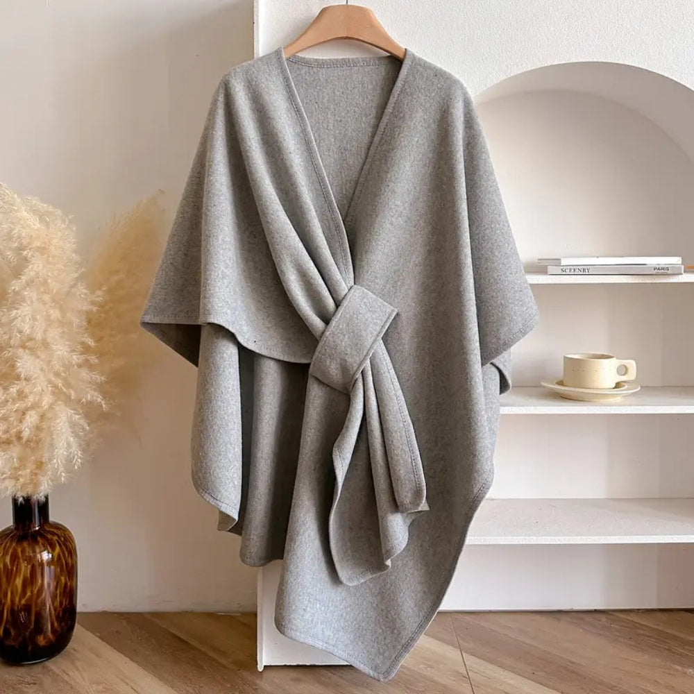 Damen - Drapierter Poncho Mantel - Wolle - Taillenband - Modisch und Bequem für jeden Anlass