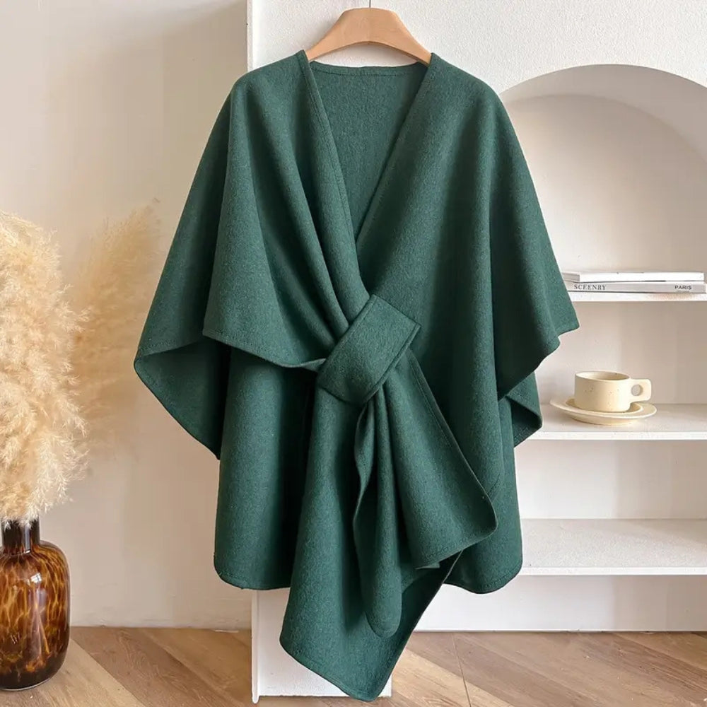 Damen - Drapierter Poncho Mantel - Wolle - Taillenband - Modisch und Bequem für jeden Anlass