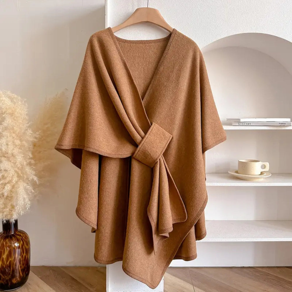 Damen - Drapierter Poncho Mantel - Wolle - Taillenband - Modisch und Bequem für jeden Anlass
