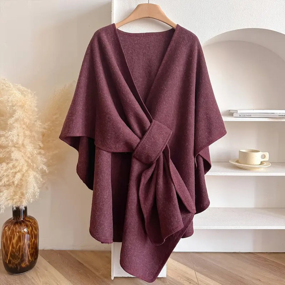Damen - Drapierter Poncho Mantel - Wolle - Taillenband - Modisch und Bequem für jeden Anlass