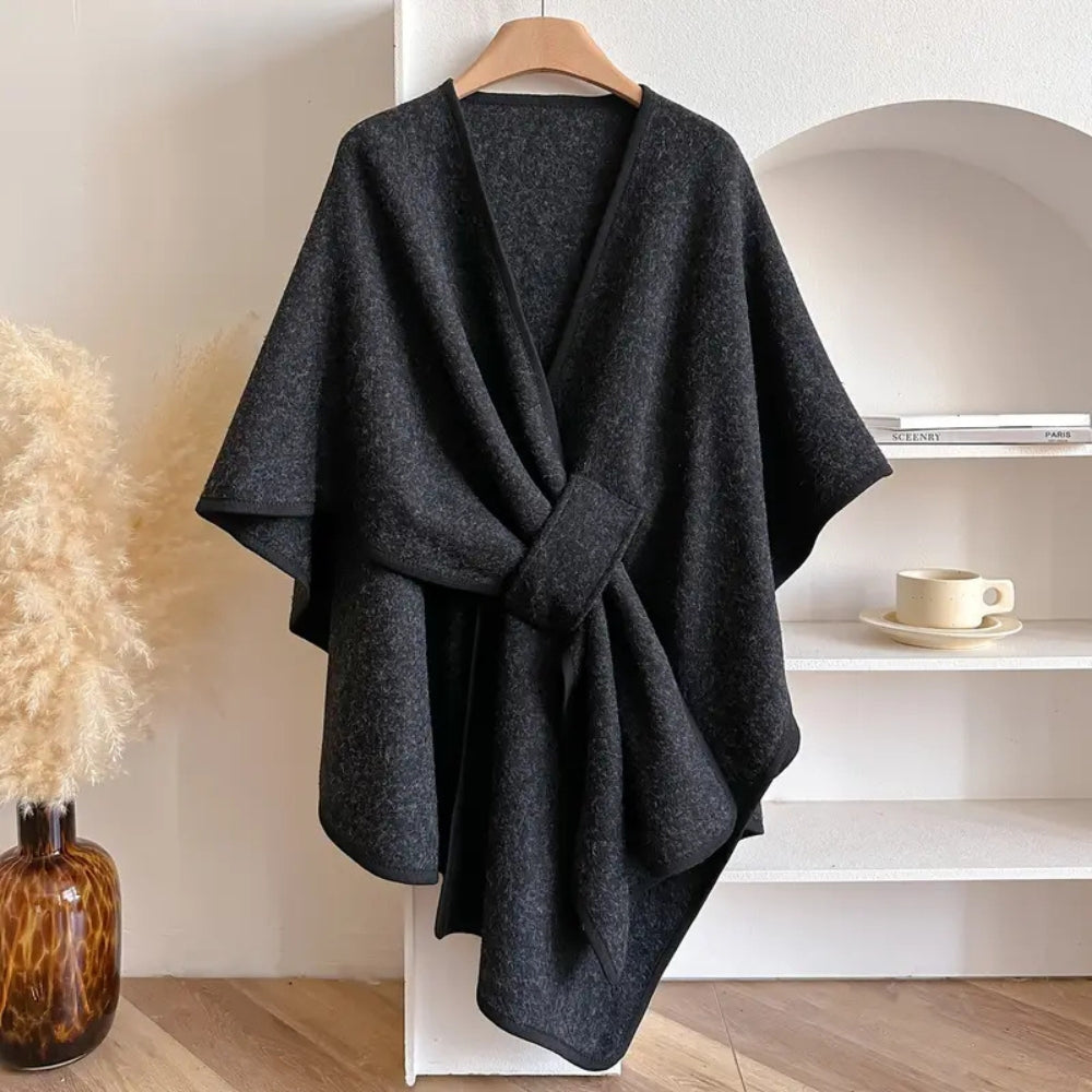 Damen - Drapierter Poncho Mantel - Wolle - Taillenband - Modisch und Bequem für jeden Anlass