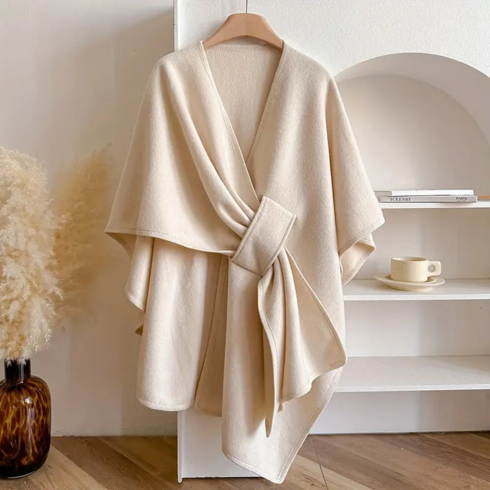 Damen - Drapierter Poncho Mantel - Wolle - Taillenband - Modisch und Bequem für jeden Anlass